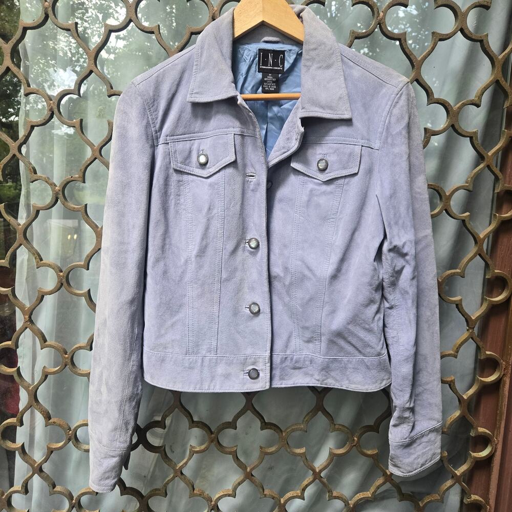 INC Womens Vintage 90s Y2K Indie Western Icy Blue Leather Suede Trucker Jacket M